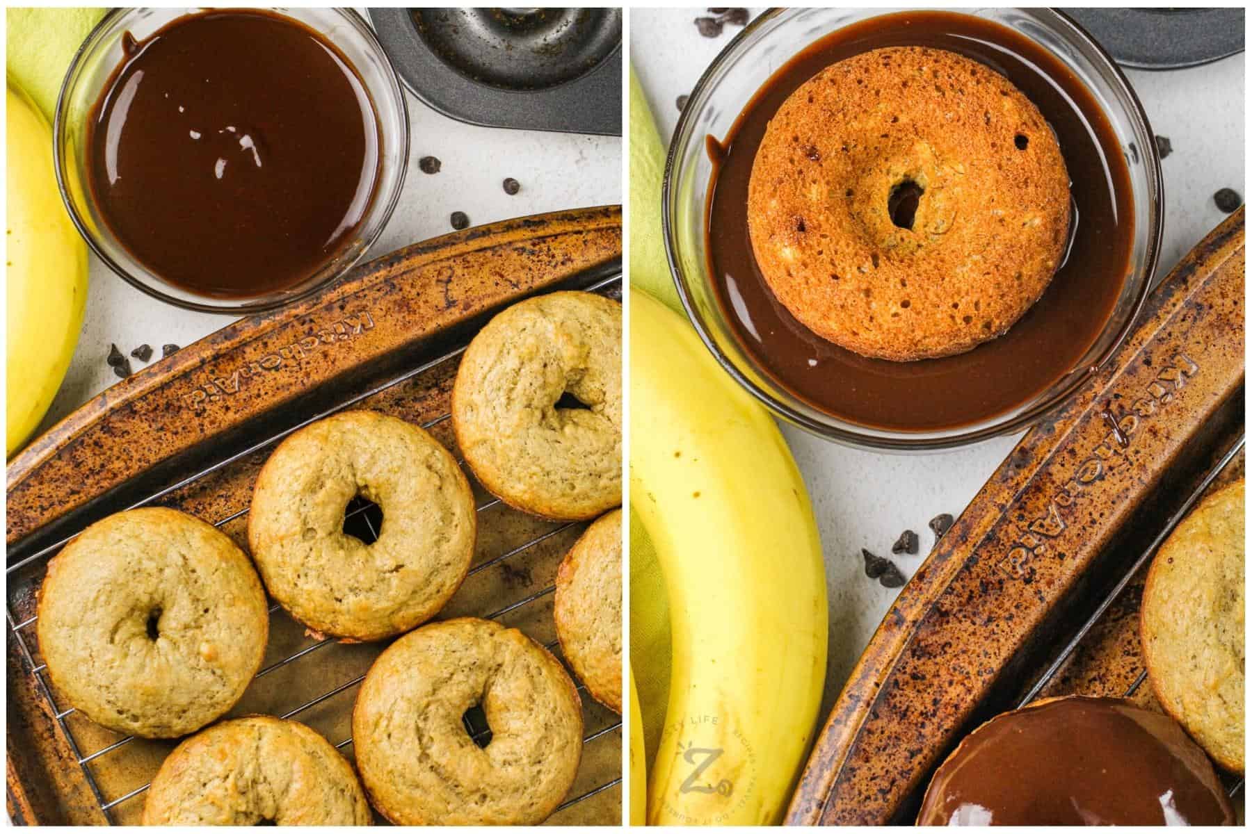 process of dipping Banana Donuts with Chocolate Glaze