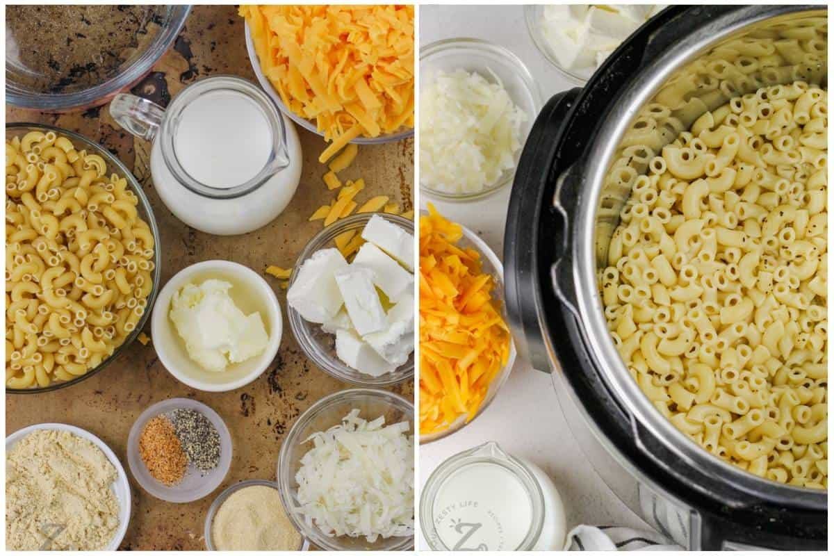 process of adding ingredients to instant pot to make Instant Pot Mac and Cheese