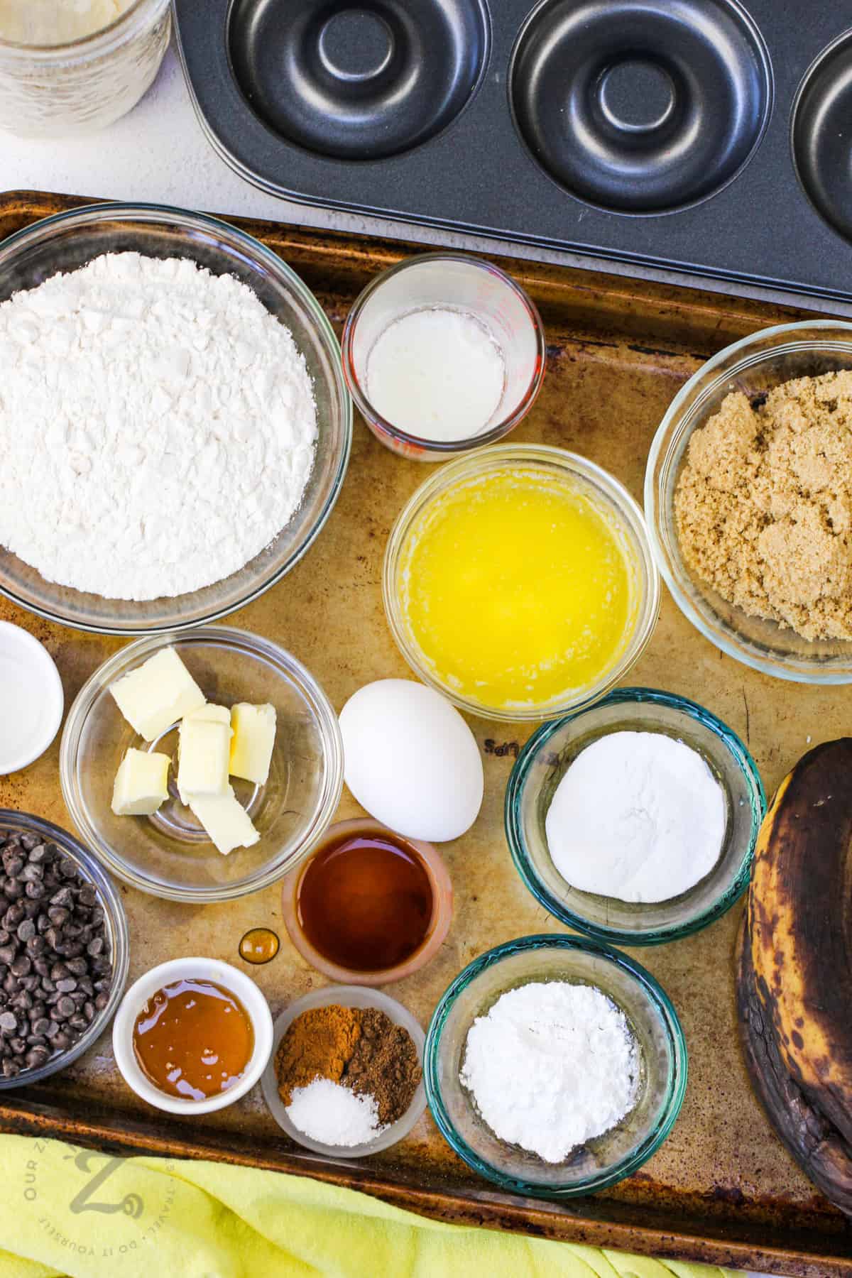 ingredients to make Banana Donuts with Chocolate Glaze in bowls