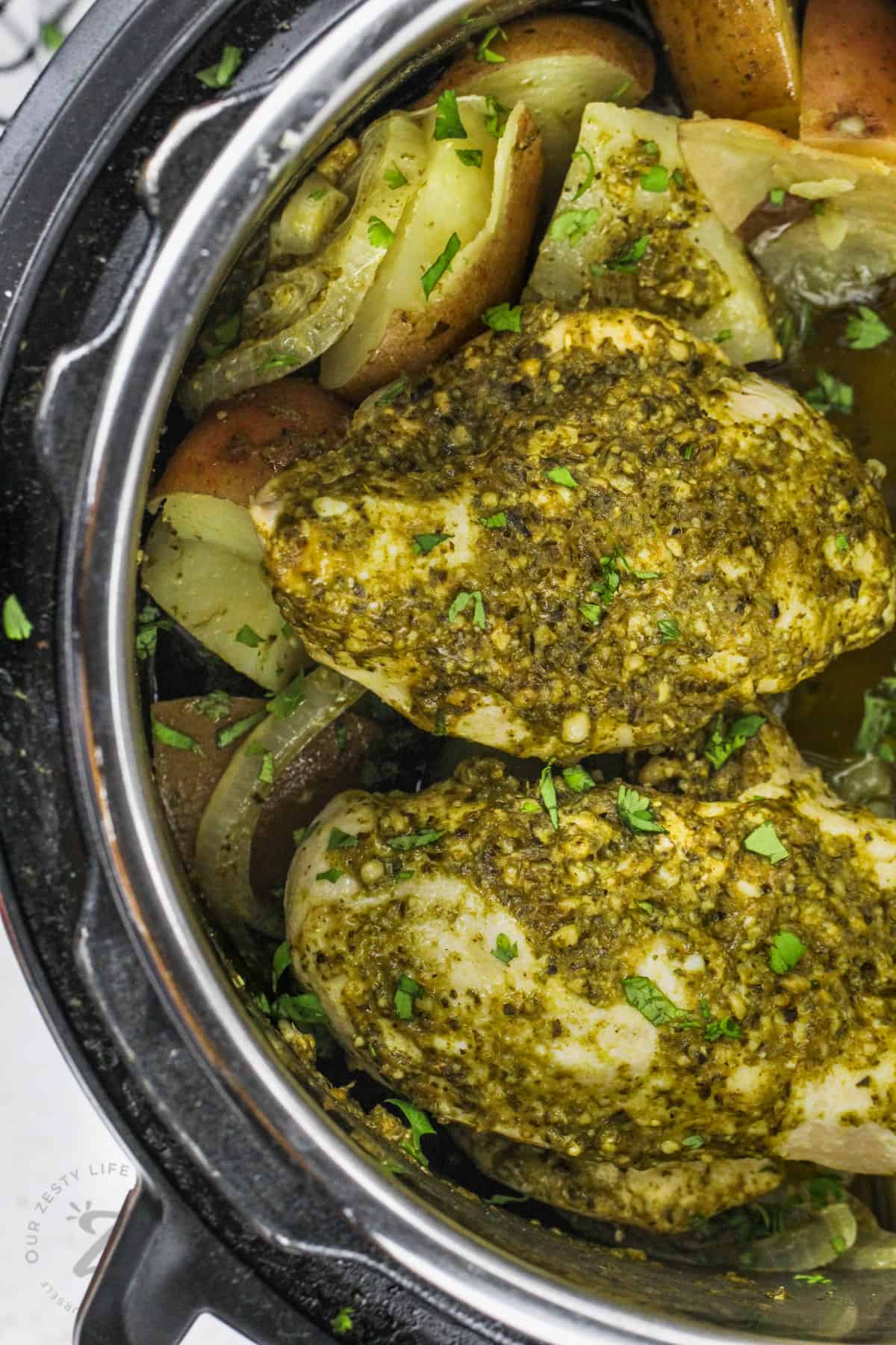 close up of cooked Instant Pot Chicken and Potatoes in the pot