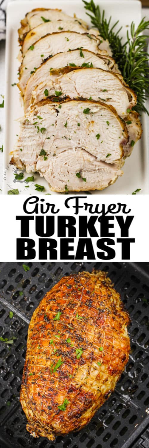 cooking Air Fryer Turkey Breast Roast and plated with a title