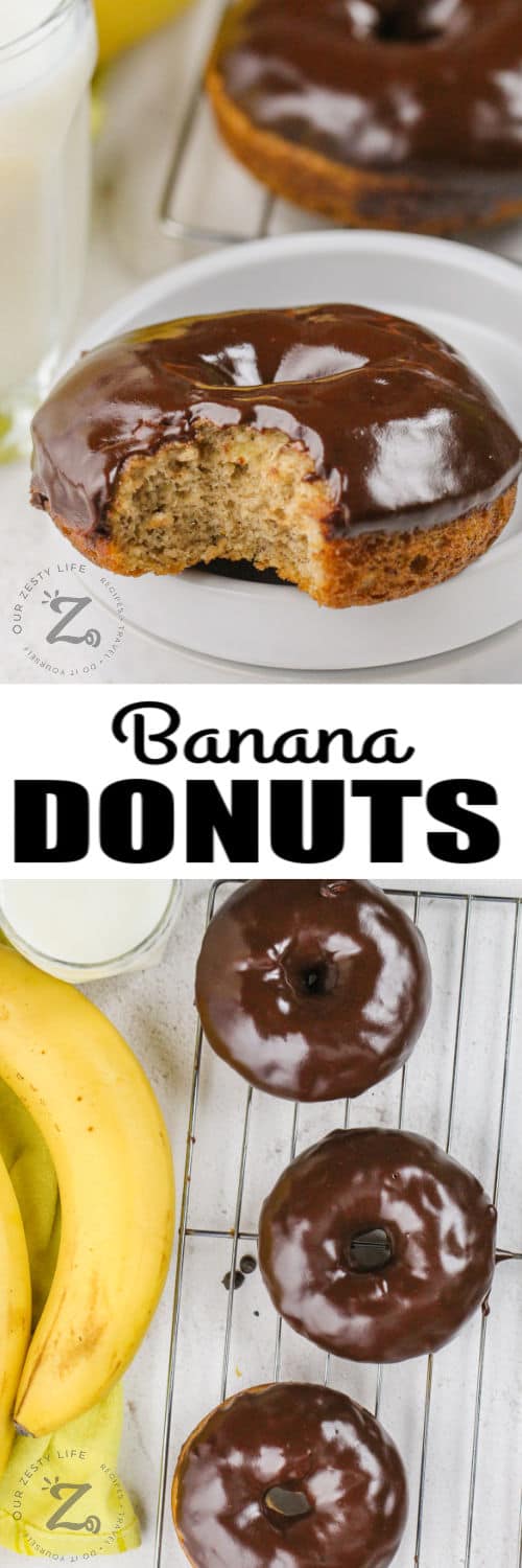 Banana Donuts with Chocolate Glaze on a rack and plated with a title