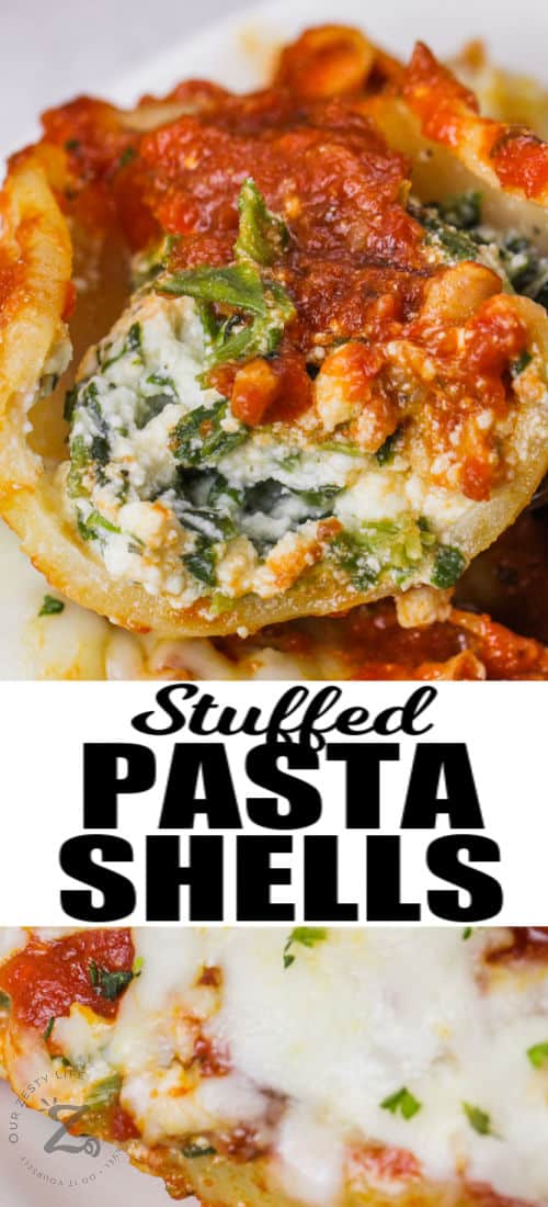 close up of Classic Stuffed Shells with a title