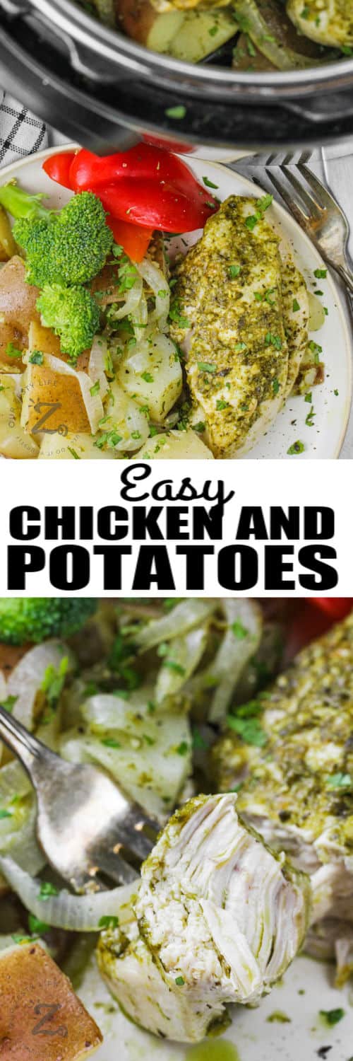 Instant Pot Chicken and Potatoes on a plate and close up with a title