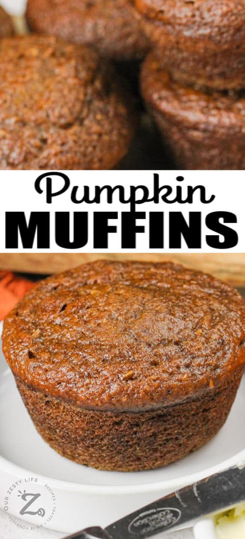 Pumpkin Pie Muffins with one on a plate and a title