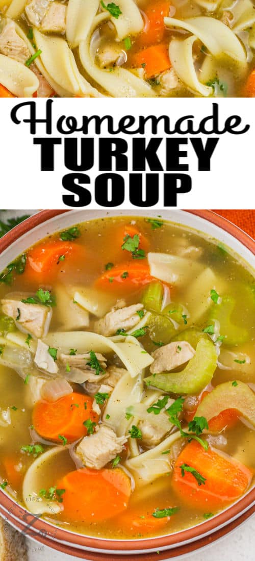 close up of Turkey Noodle Soup with writing