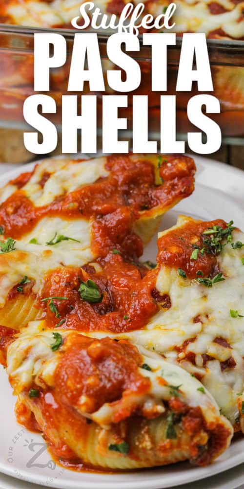 Classic Stuffed Shells on a plate with a title