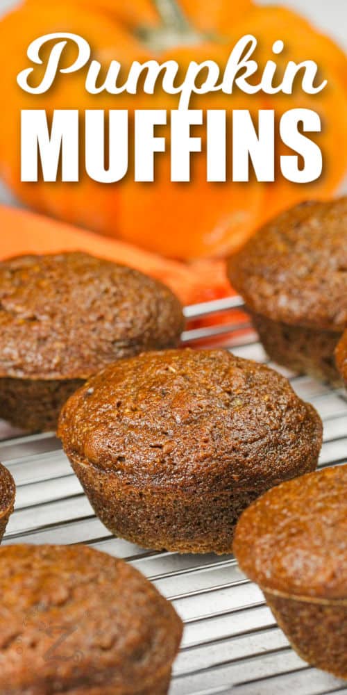 Pumpkin Pie Muffins on a cooling rack with writing