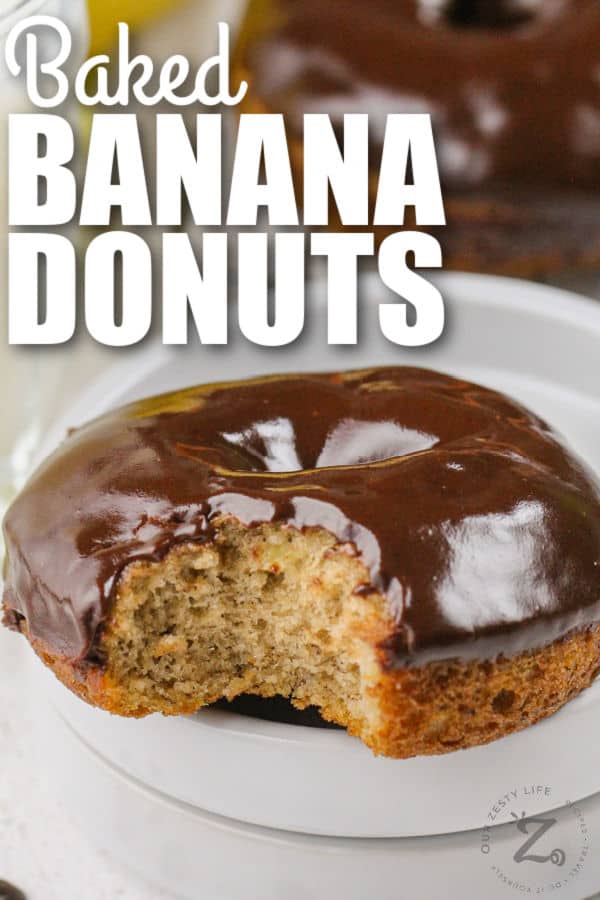 close up of Banana Donuts with Chocolate Glaze with a title