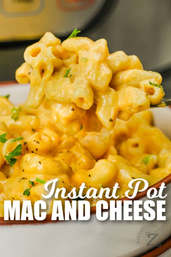 close up of plated Instant Pot Mac and Cheese with a title