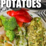 plated Instant Pot Chicken and Potatoes with writing