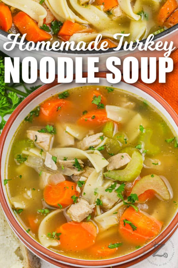 bowl of Turkey Noodle Soup with writing