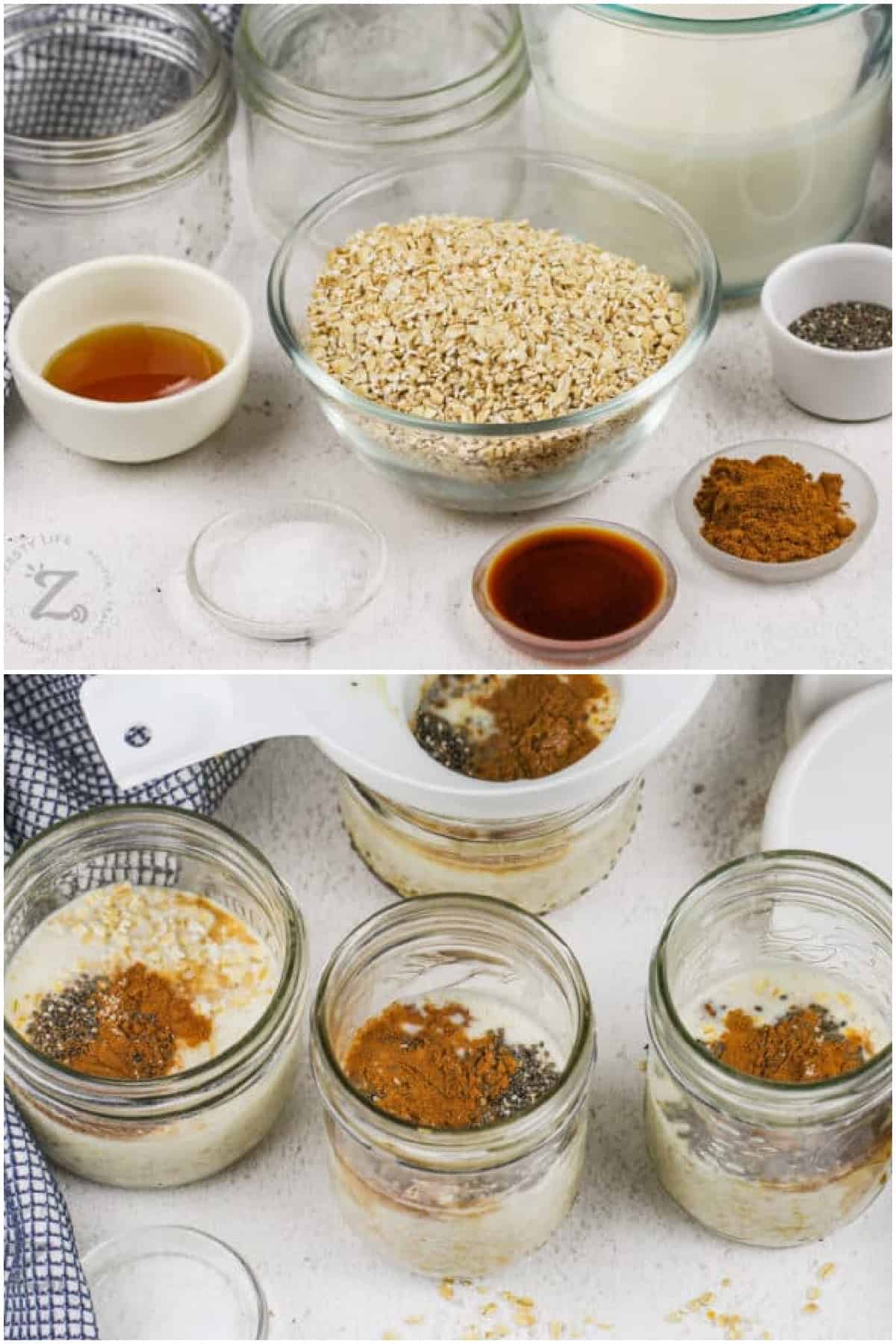 ingredients to make overnight steel cut oats, and process to add ingredients to jars
