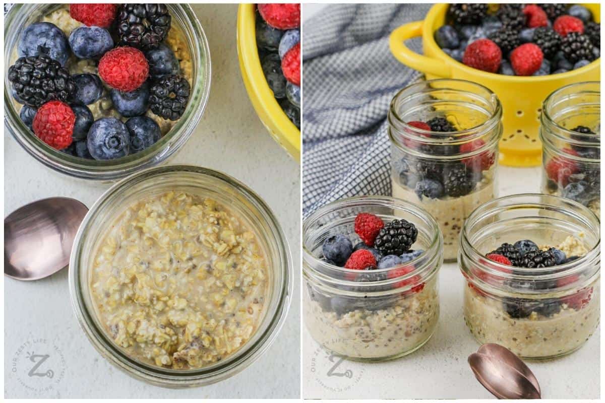 process of adding berries to Overnight Steel Cut Oats