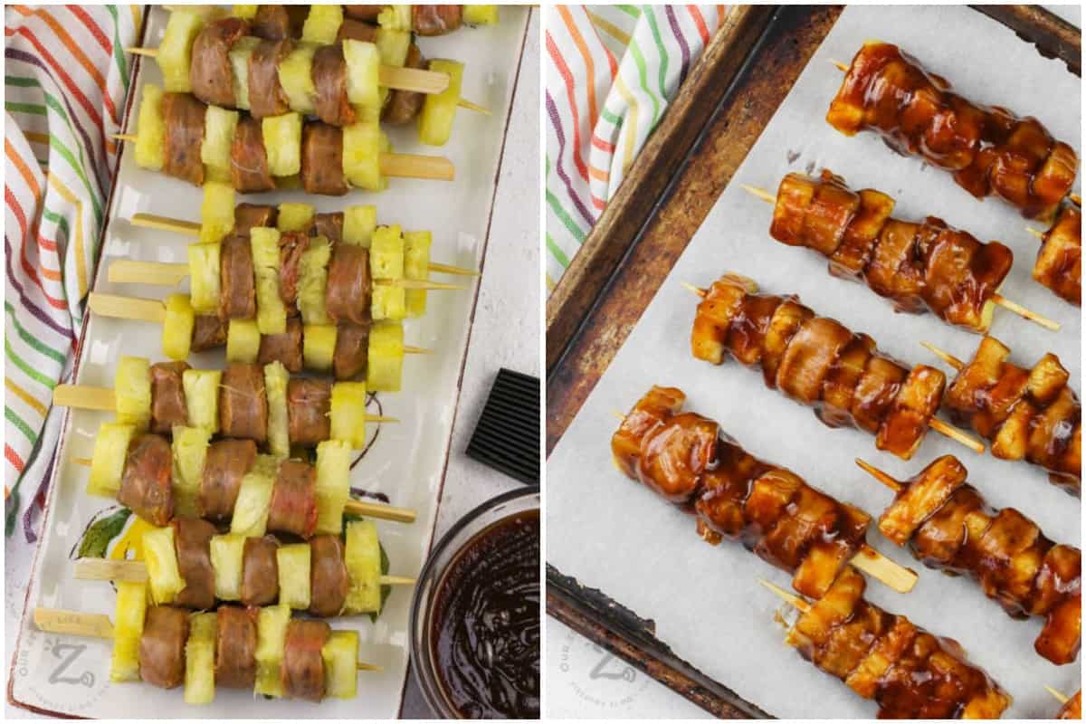 Pineapple sausage kabobs on a plate, and also on a baking sheet with sauce on them