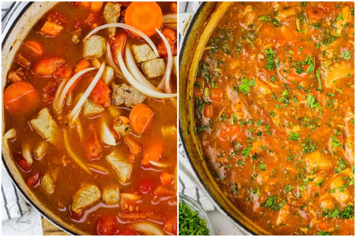 Pork Stew Recipe in a dutch oven before and after simmering.