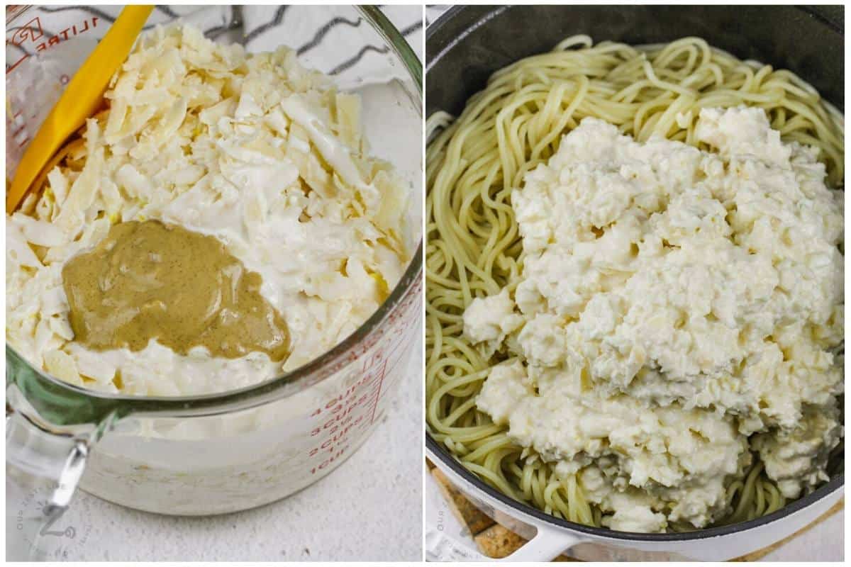process of adding ingredients together to make Simple Lemon Parmesan Pasta
