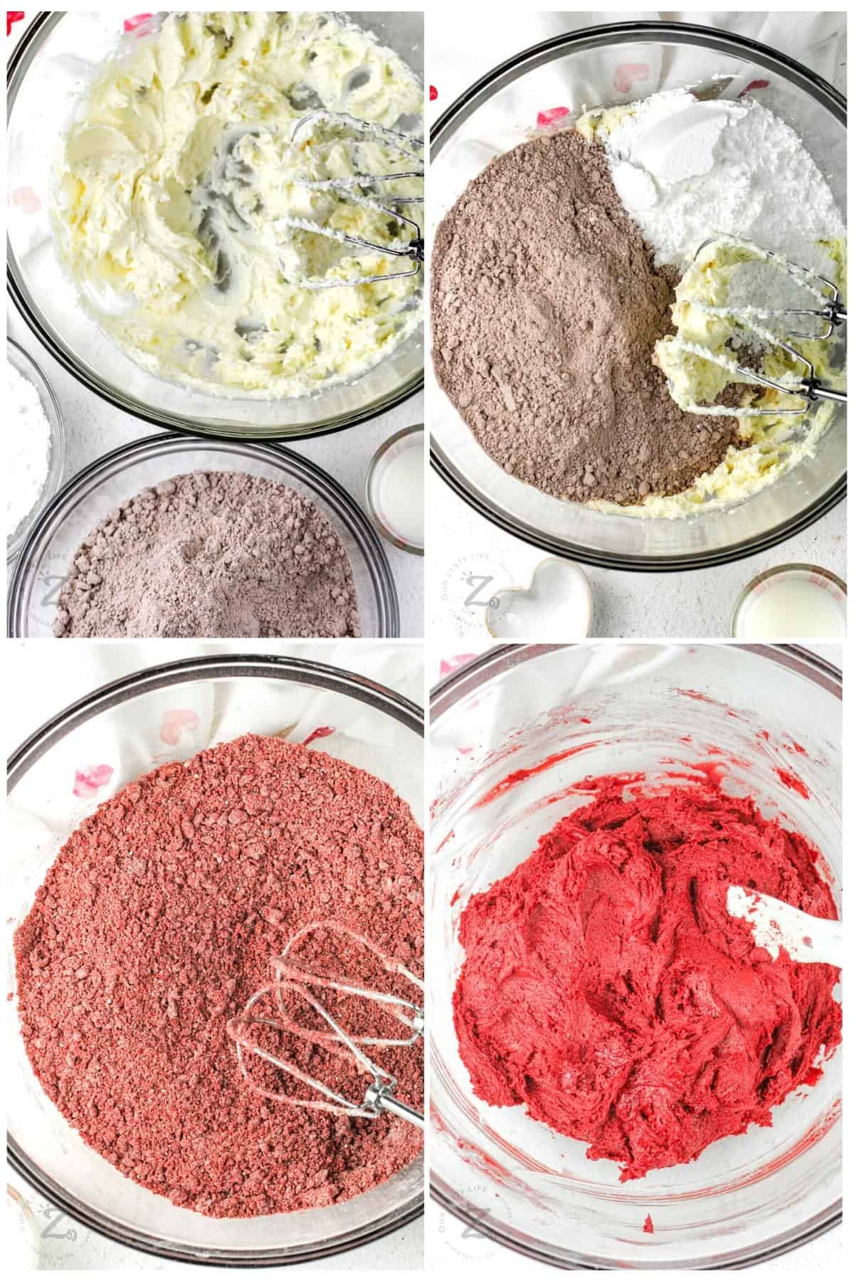 process of adding ingredients together to make No Bake Red Velvet Cake Balls