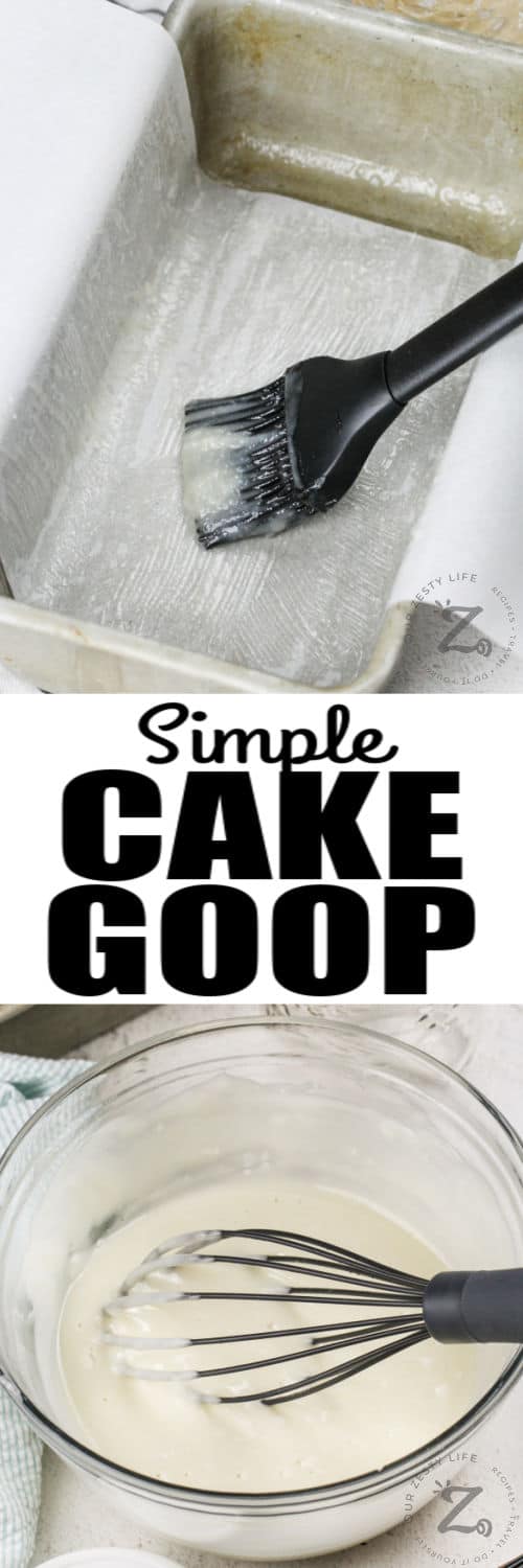 Cake Goop in a bowl and spreading on a pan with a title