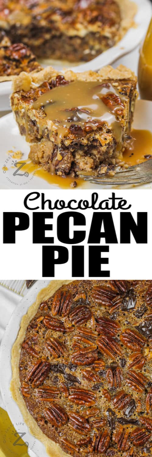 Dark Chocolate Pecan Pie and a slice on a plate with a title