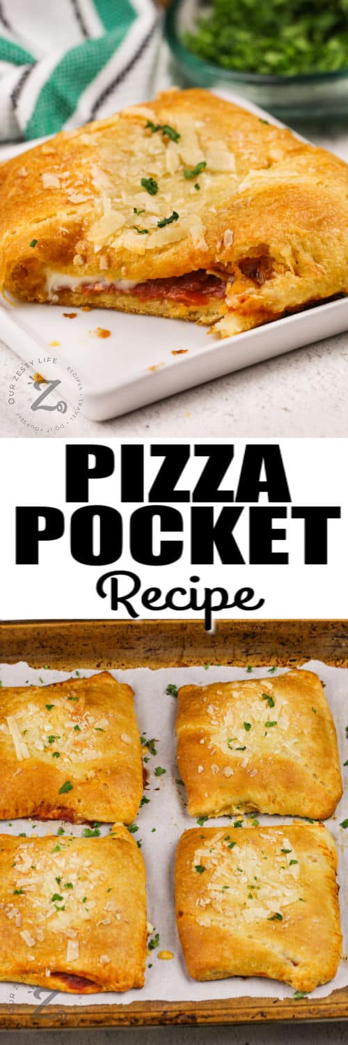 Easy Pizza Pocket Recipe on a plate and baking sheet with a title