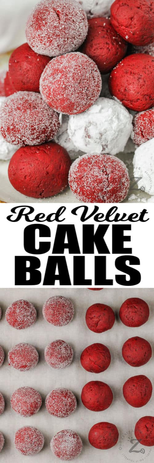 No Bake Red Velvet Cake Balls on parchment paper and plated with writing