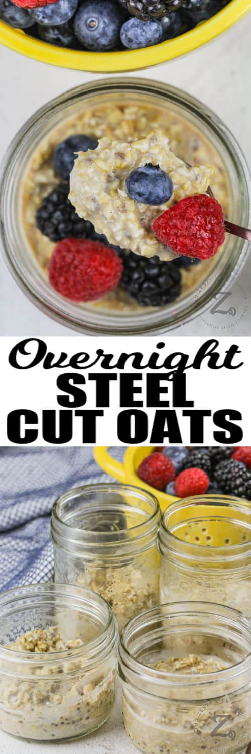 Overnight Steel Cut Oats in jars and on a spoon with a title