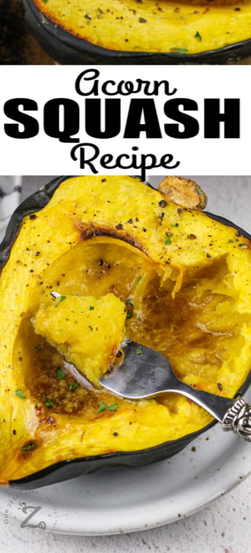 Roasted Acorn Squash recipe with a fork full, and a title