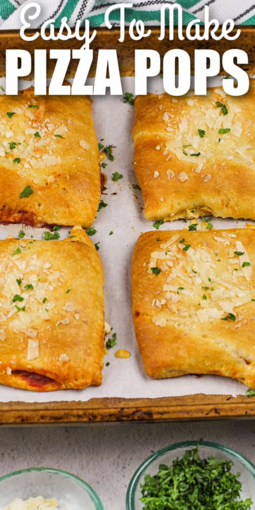 Easy Pizza Pocket Recipe on a baking sheet with writing