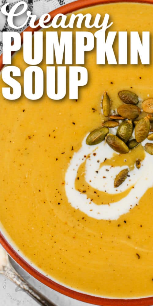 close up of Pumpkin Soup with a title