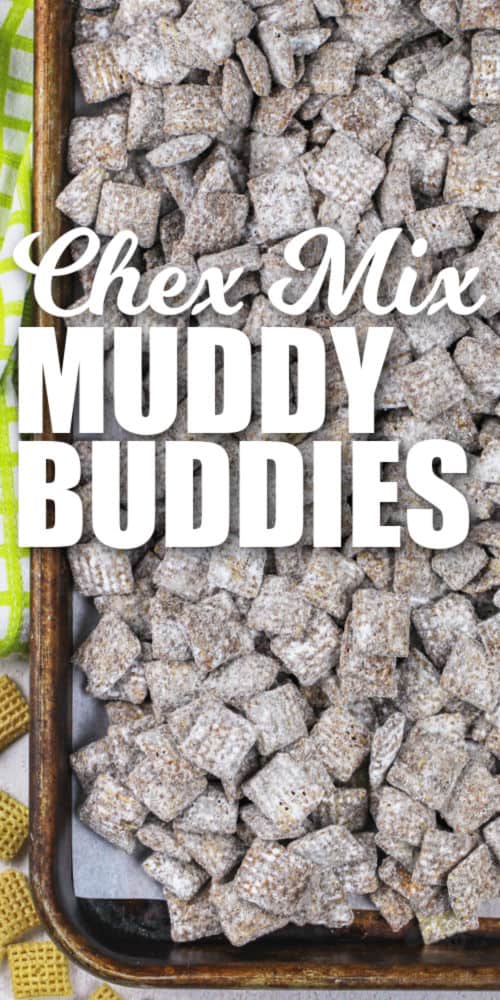 Puppy Chow on a baking sheet with title