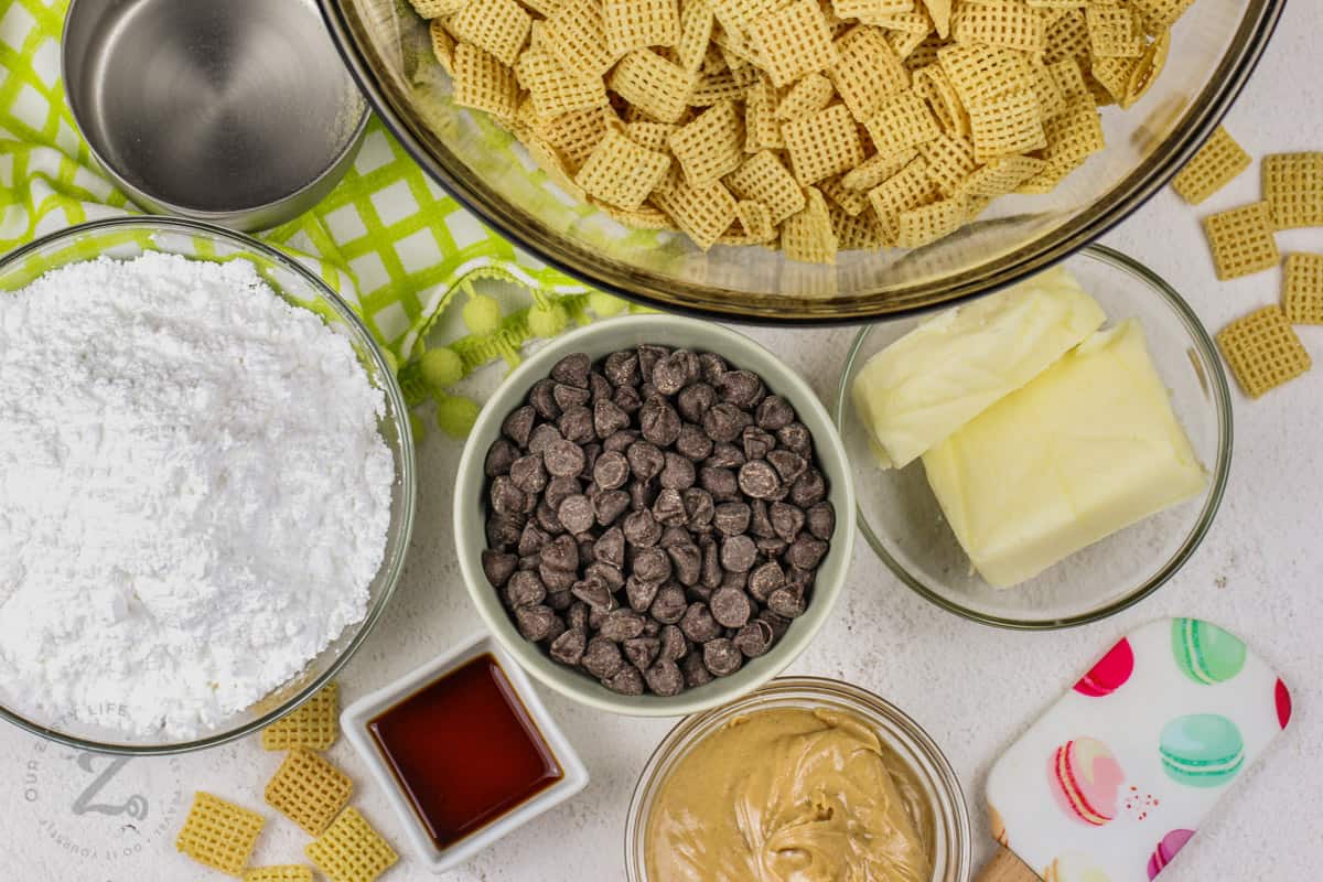 Puppy Chow ingredients in bowls