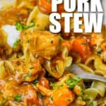 fork taking Pork Stew Recipe off a plate with writing