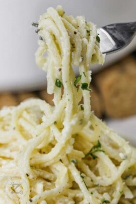 close up of Simple Lemon Parmesan Pasta on a fork