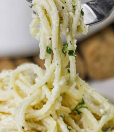 close up of Simple Lemon Parmesan Pasta on a fork
