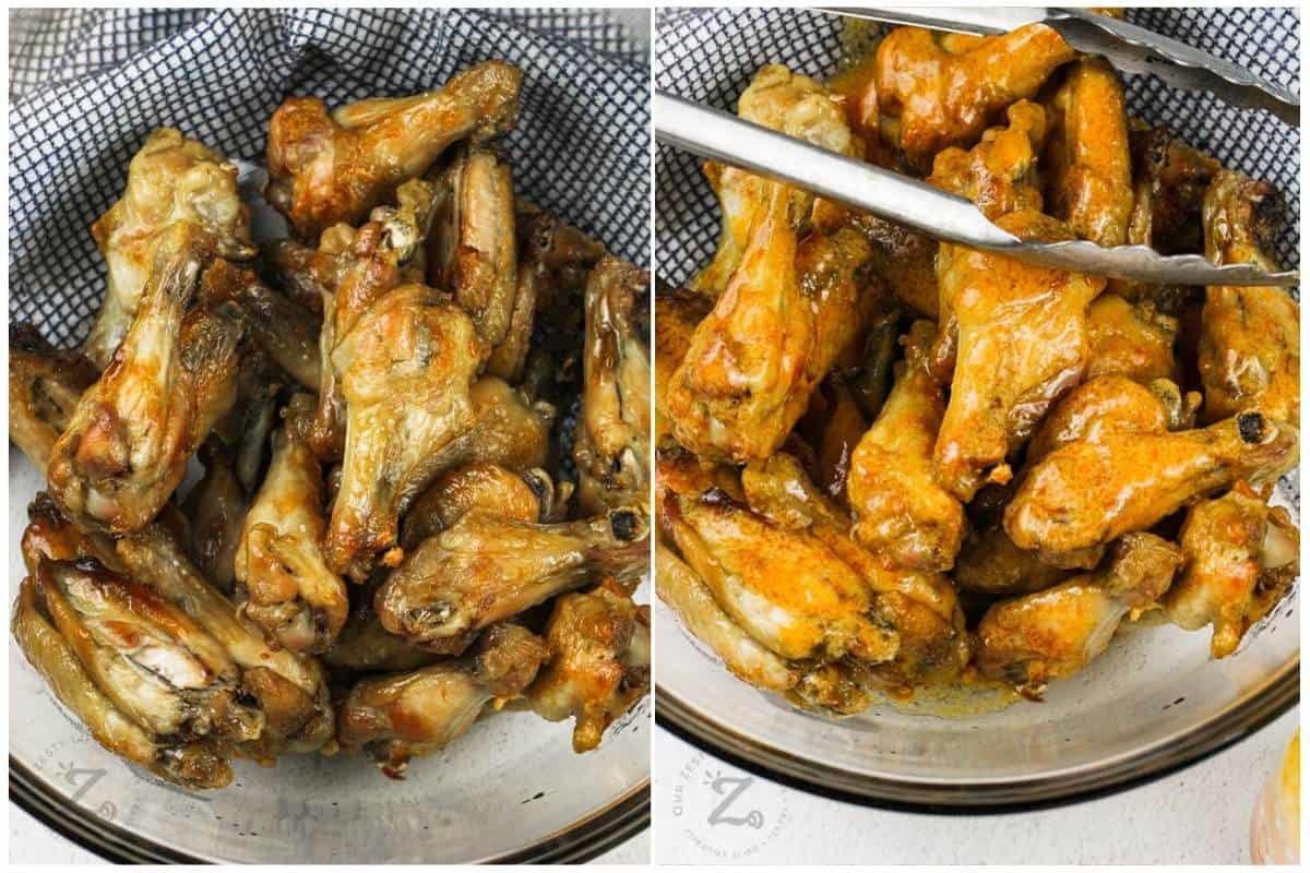 process of adding sauce to chicken to make Buffalo Chicken Wings