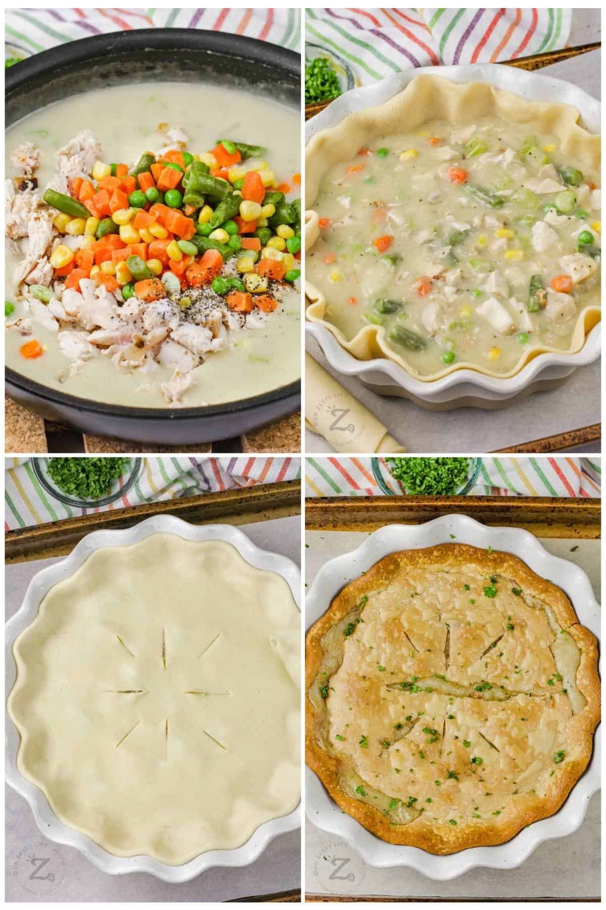 process of adding ingredients together to make Chicken Pot Pie