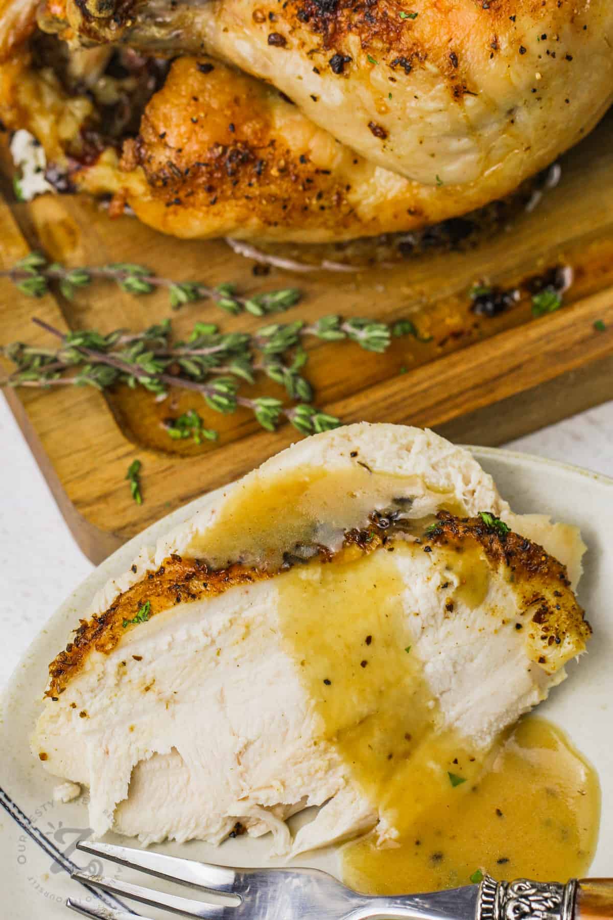 plated Air Fryer Whole Chicken with gravy