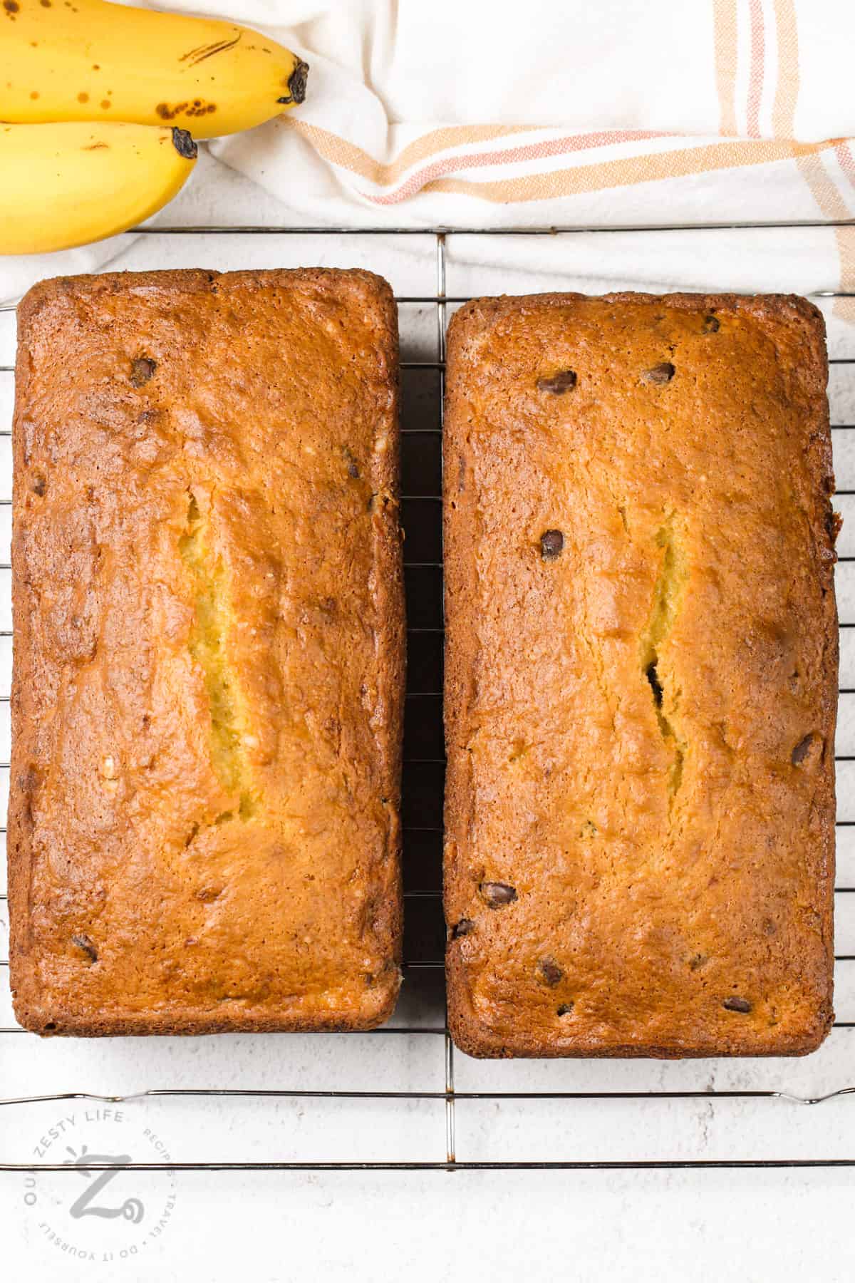 baked Cake Mix Banana Bread on a cooling rack