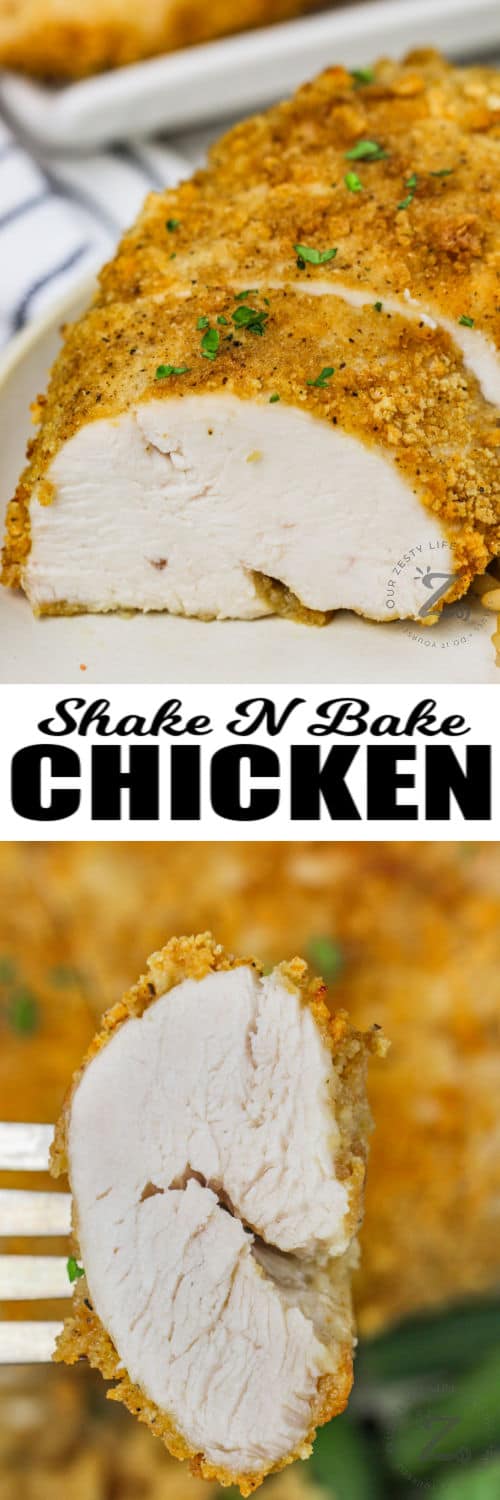 Air Fryer Shake N Bake Chicken plated and on a fork with a title