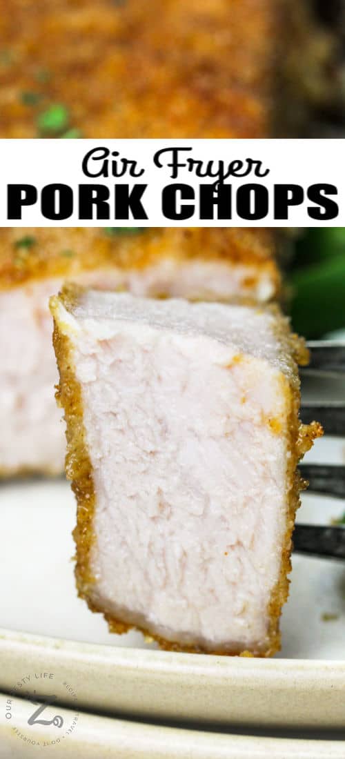 Air Fryer Shake N Bake Pork Chops on a fork with writing