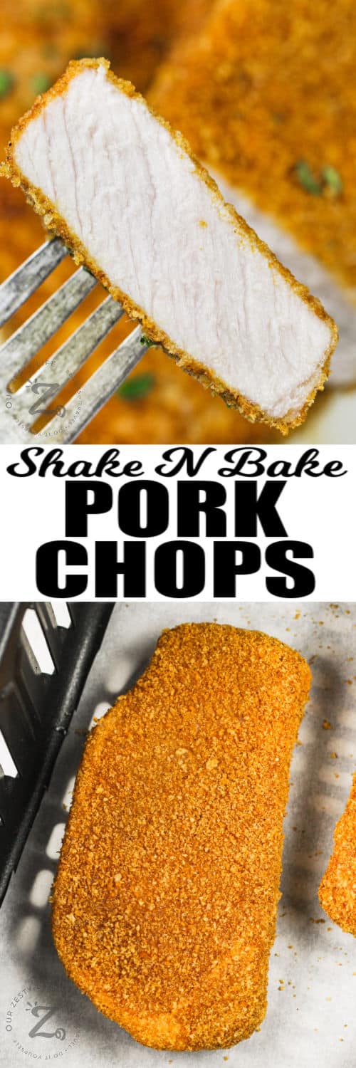 Air Fryer Shake N Bake Pork Chops in the fryer and plated with a title