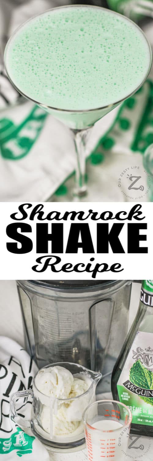 ingredients to make Boozy Shamrock Shake with plated drink and writing