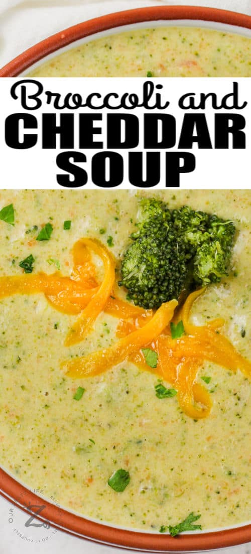 bowl of Broccoli Cheese Soup with a title
