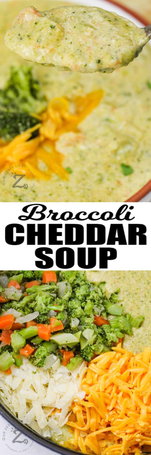 adding ingredients to pot to make Broccoli Cheese Soup with final dish and a title