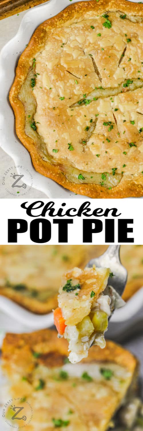 Chicken Pot Pie cooked and on a fork with writing