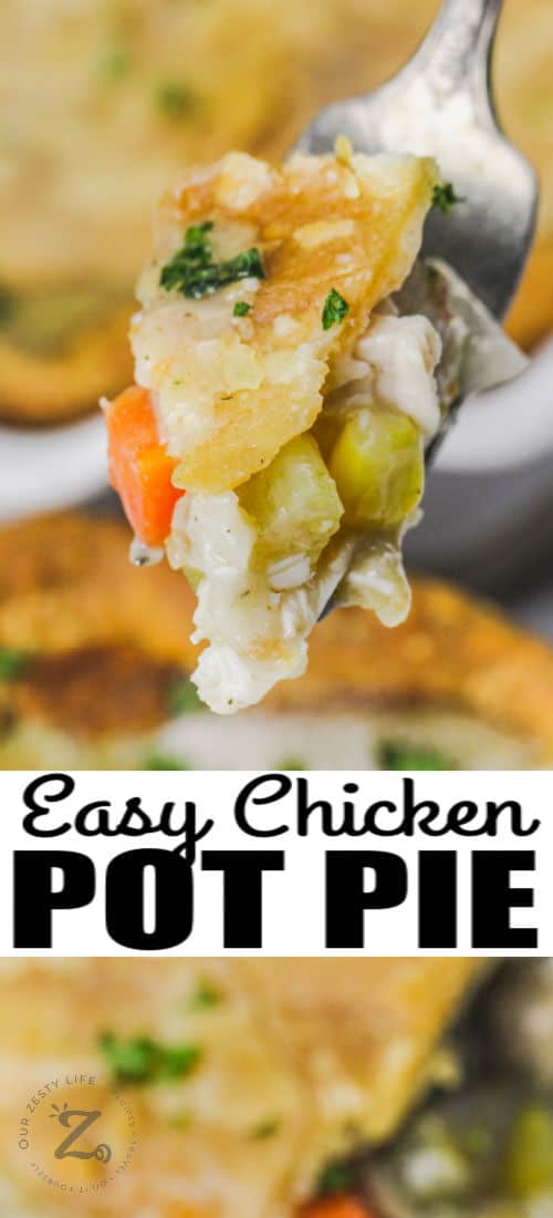 Chicken Pot Pie piece on a fork with writing