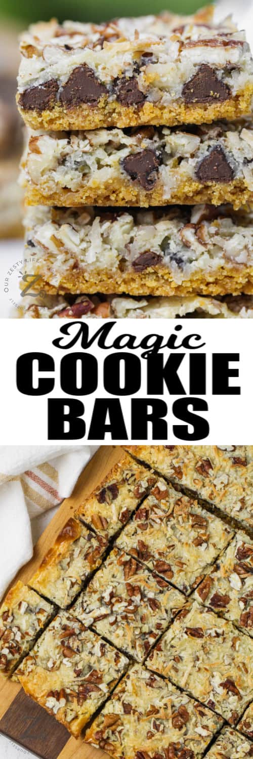 Magic Cookie Bars on a cutting board and in a stack with writing