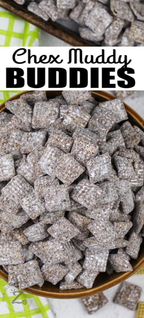 top view of Puppy Chow in a bowl and baking sheet with writing