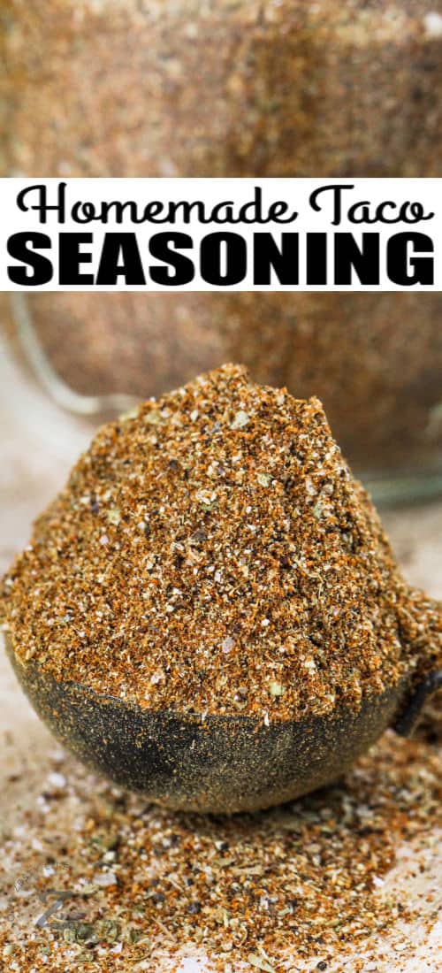close up of Taco Seasoning on a spoon with a title